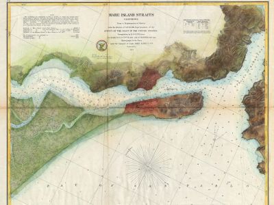 a 1857 coast guard overhead map of mare island, color coded to distinguish water from marsh from land